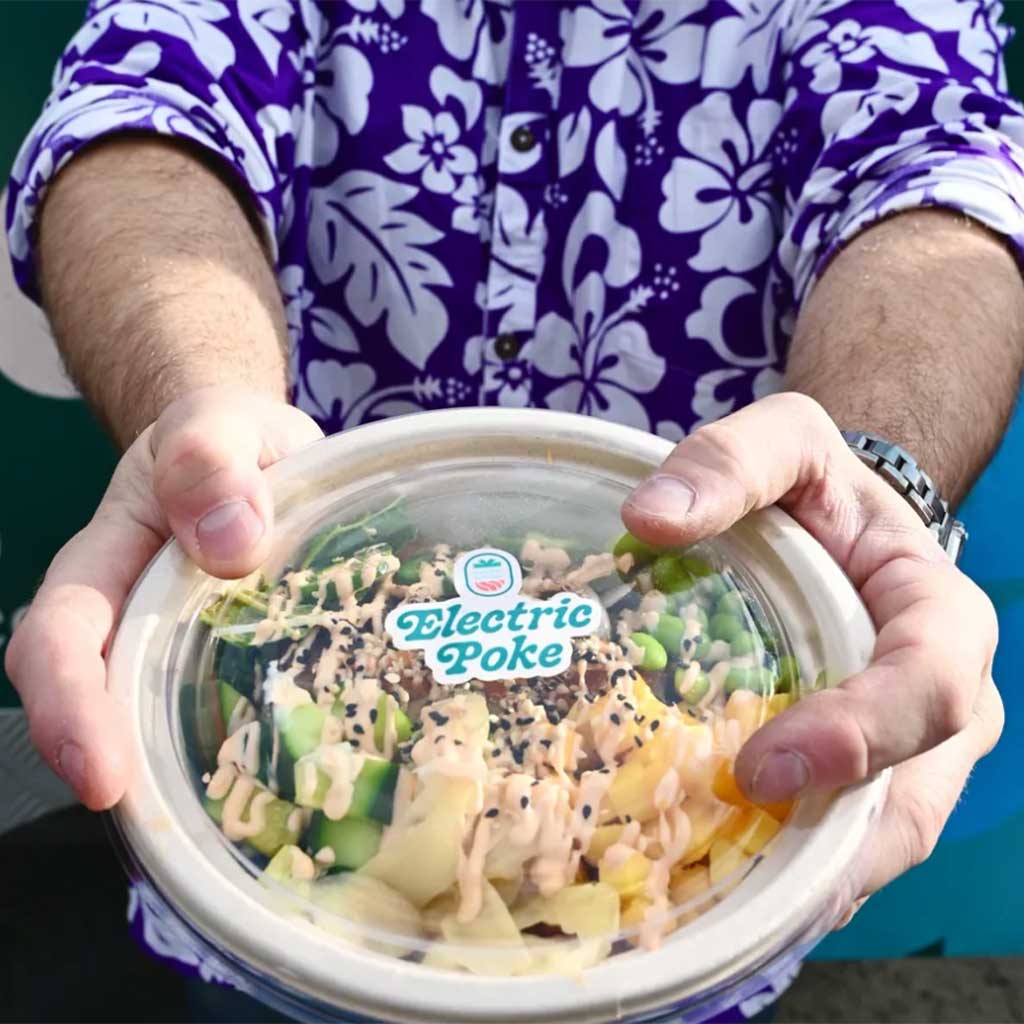 electric poke hawaiian food bowl custom white bopp gloss labels