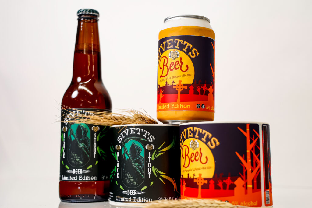 A beer bottle and beer can showcasing their custom beer label designs and sizes