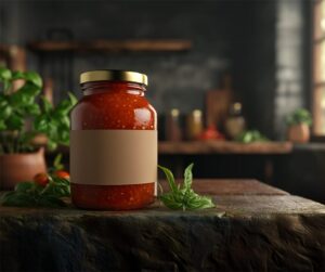 A jar of pasta sauce with a blank label on a stone countertop with basil and tomatoes surrounding it and a kitchen in the background.