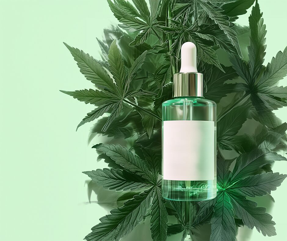 An empty CBD dropper bottle with a blank label sitting on a bed of leaves