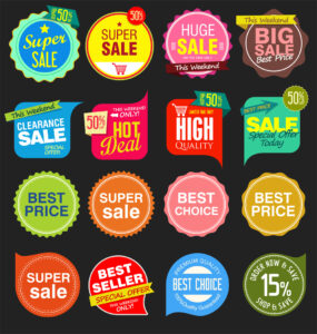 Rows of example promotional stickers for various sales and discounts in bright colors.