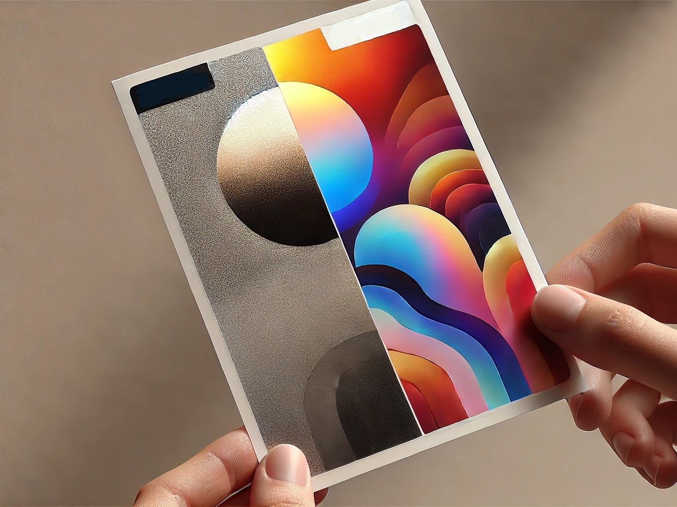 Someone holds a card that is in black and white matte laminate on one half and colorful glossy laminate on the other